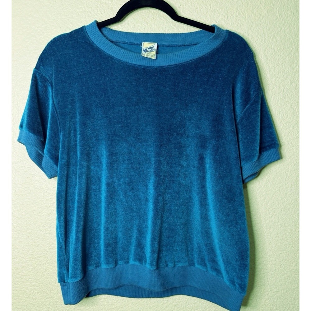 Vintage 70s Velour Shirt Small Medium Unisex WoolCO Green Teal Disco